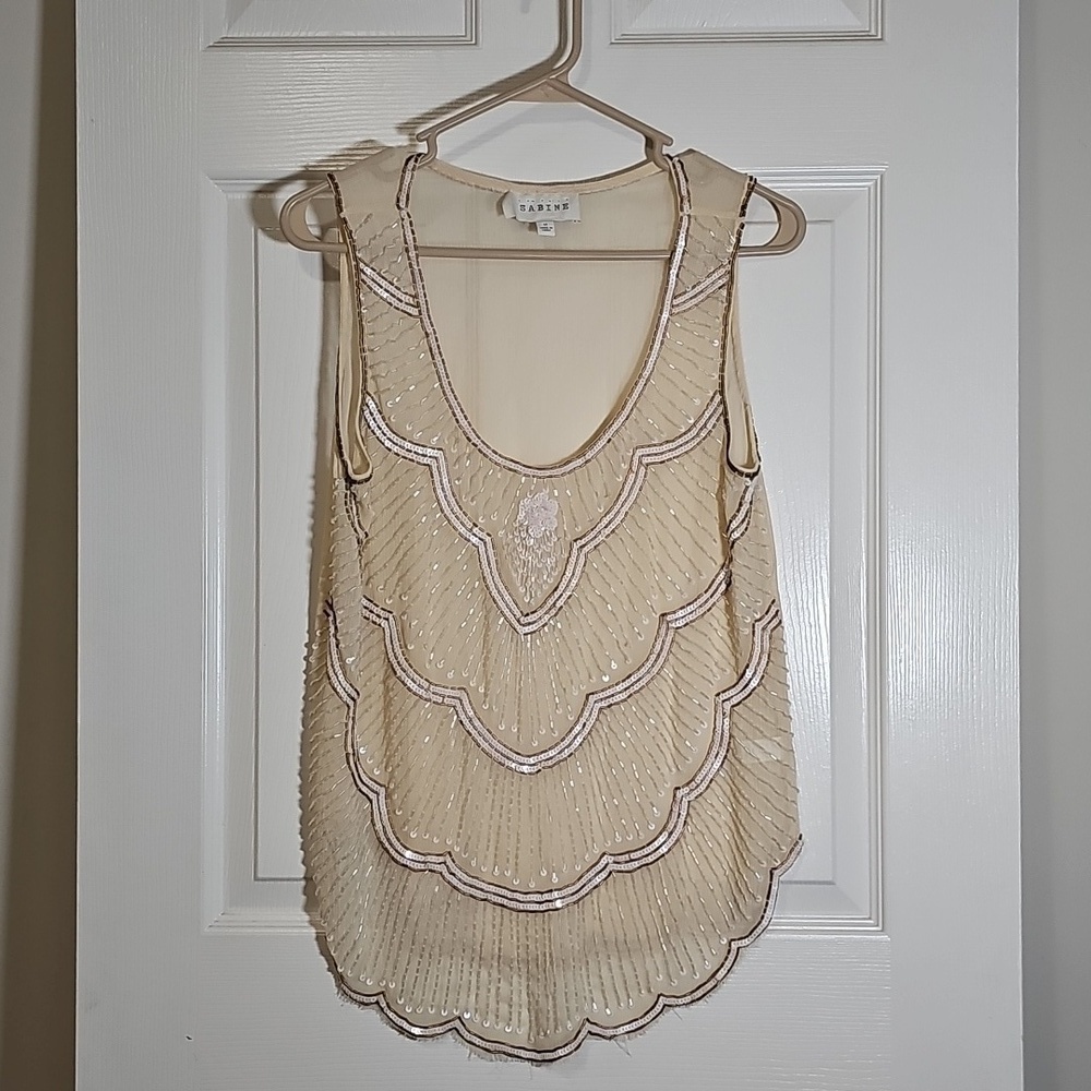 Sabine Sequin Beaded Sheer Tank Top Cream Gold White Size M